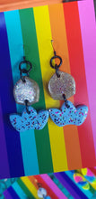 Load image into Gallery viewer, SALE $10!!! Blue & gold crown glitter polymer clay earrings
