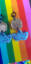 Load image into Gallery viewer, SALE $10!!! Blue & gold crown glitter polymer clay earrings