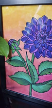 Load image into Gallery viewer, Sunset & purple dahlia flower Australian floral tattoo inspired artwork