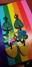 Load image into Gallery viewer, Flower power rainbow glitter polymer clay earrings