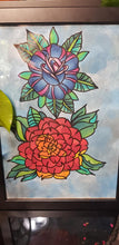 Load image into Gallery viewer, Rose & dahlia flower Australian floral tattoo inspired artwork