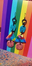 Load image into Gallery viewer, Triangle rainbow glitter handmade earrings polymer clay