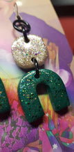 Load image into Gallery viewer, SALE $10!!! Forest green rainbow glitter handmade earrings polymer clay