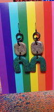 Load image into Gallery viewer, SALE $10!!! Forest green rainbow glitter handmade earrings polymer clay