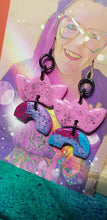 Load image into Gallery viewer, Pink crowns & rainbows glitter handmade earrings polymer clay