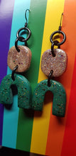 Load image into Gallery viewer, SALE $10!!! Forest green rainbow glitter handmade earrings polymer clay
