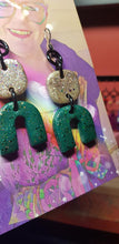 Load image into Gallery viewer, SALE $10!!! Forest green rainbow glitter handmade earrings polymer clay