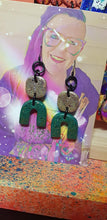 Load image into Gallery viewer, SALE $10!!! Forest green rainbow glitter handmade earrings polymer clay