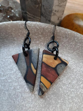 Load image into Gallery viewer, Love triangle dangle handmade earrings polymer clay earthy