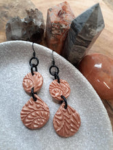 Load image into Gallery viewer, Goddess copper dangle handmade earrings polymer clay earthy