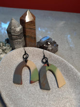 Load image into Gallery viewer, Sage grey rainbow dangle handmade earrings polymer clay earthy