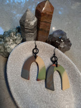 Load image into Gallery viewer, Sage grey rainbow dangle handmade earrings polymer clay earthy