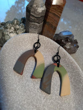 Load image into Gallery viewer, Sage grey rainbow dangle handmade earrings polymer clay earthy