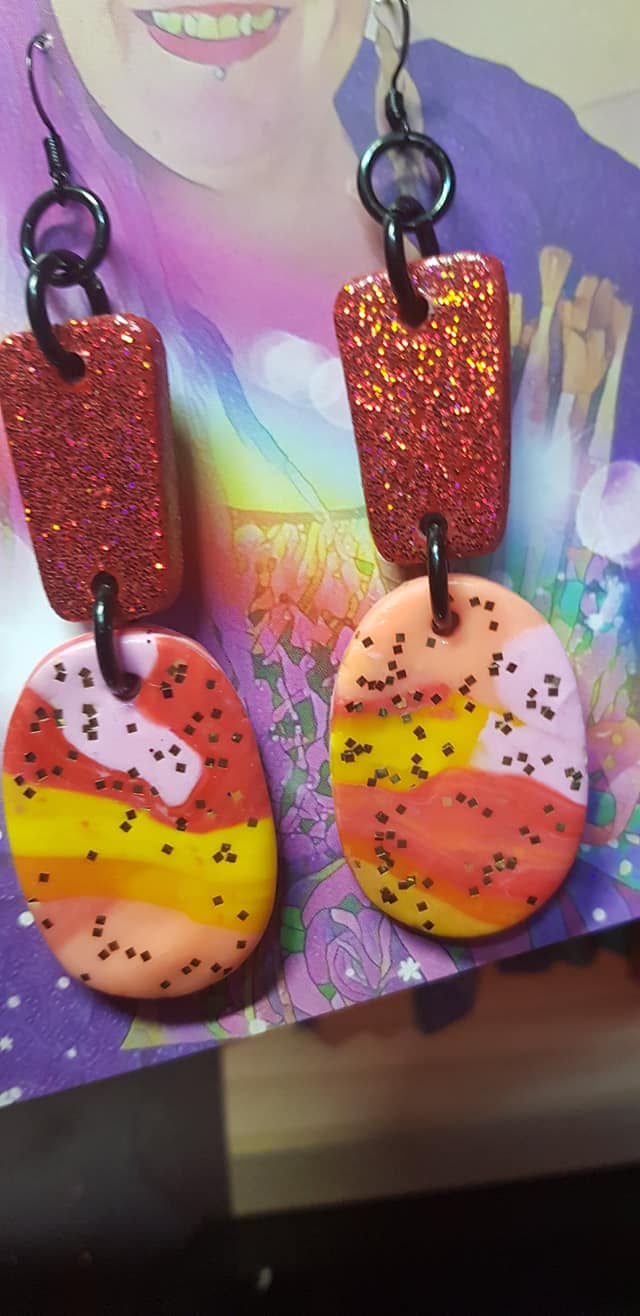 Red fire glitter handmade polymer clay earrings