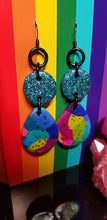 Load image into Gallery viewer, Ocean blue glitter &amp; rainbow handmade polymer clay earrings
