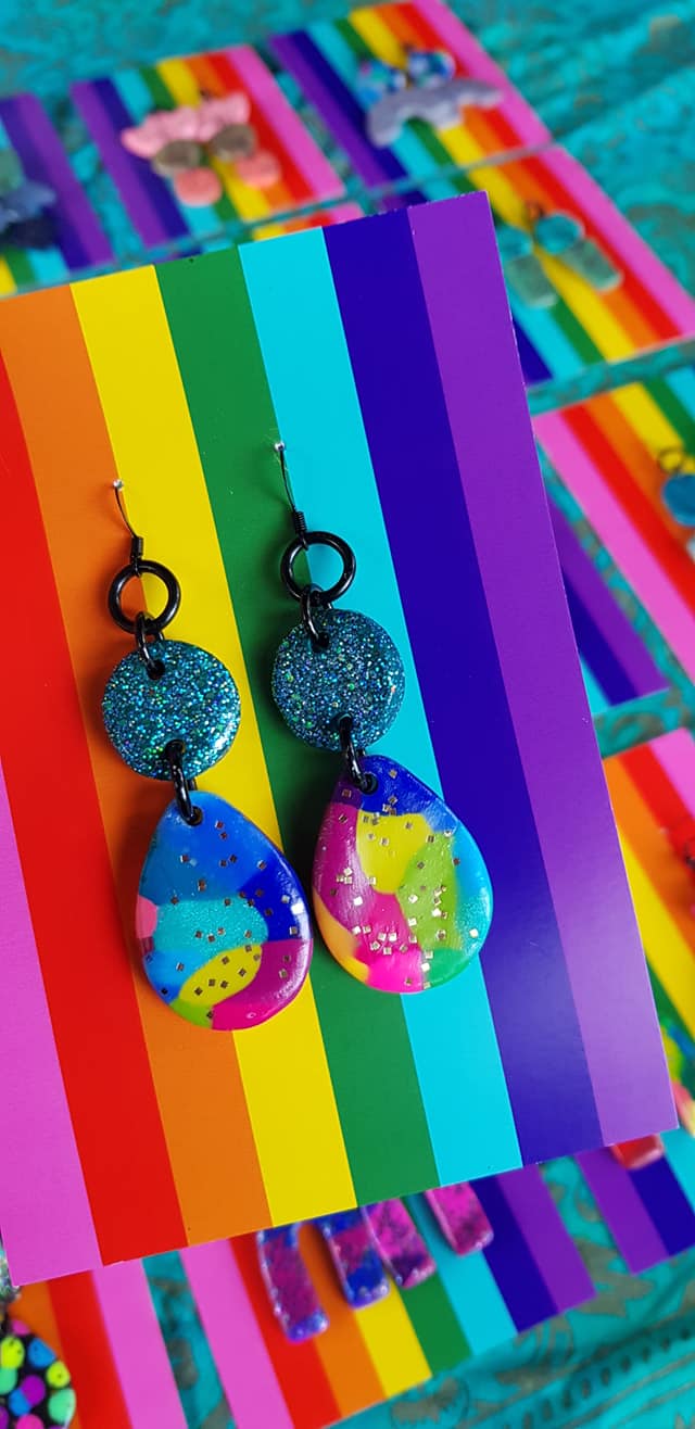 Ocean blue glitter & rainbow handmade polymer clay earrings