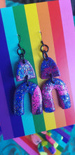 Load image into Gallery viewer, Mystical magenta rainbows handmade glitter polymer clay earrings
