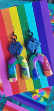 Load image into Gallery viewer, Rainbow pride handmade glitter polymer clay earrings
