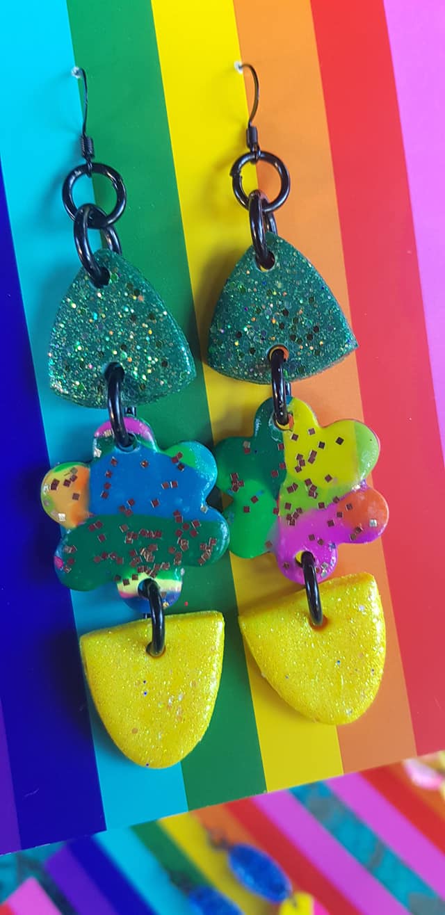Flower power rainbow glitter polymer clay earrings