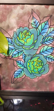 Load image into Gallery viewer, Green &amp; turquoise peonies Australian floral tattoo inspired artwork
