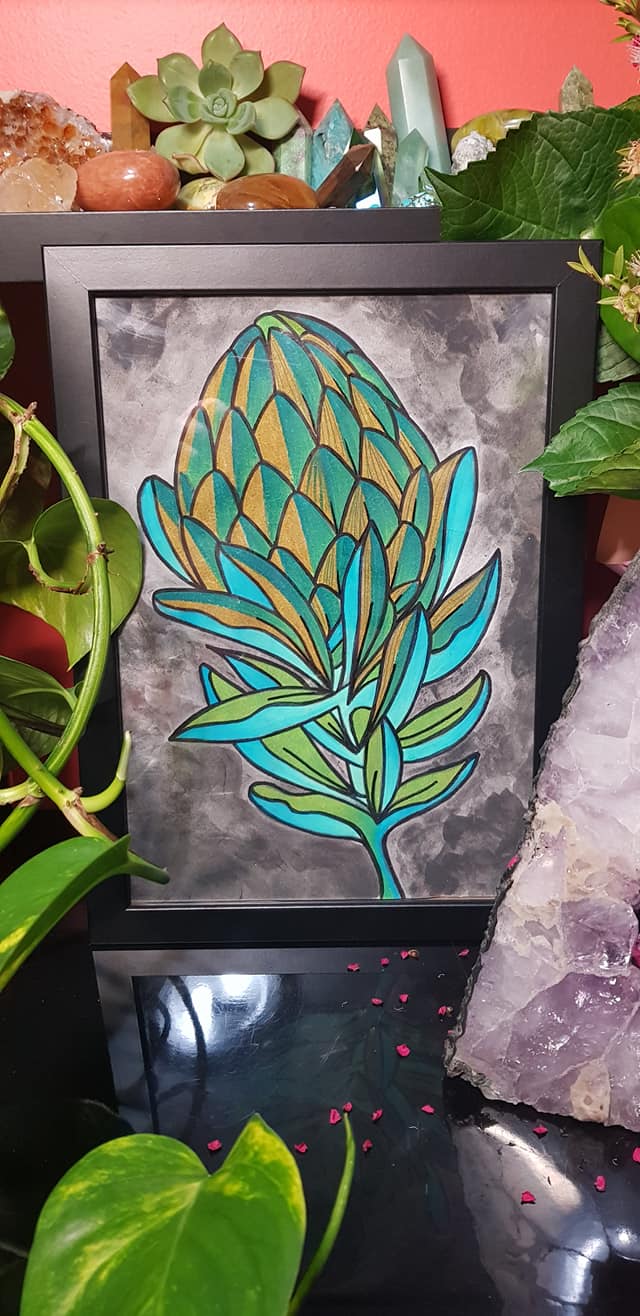Green & golden protea flower Australian floral tattoo inspired artwork
