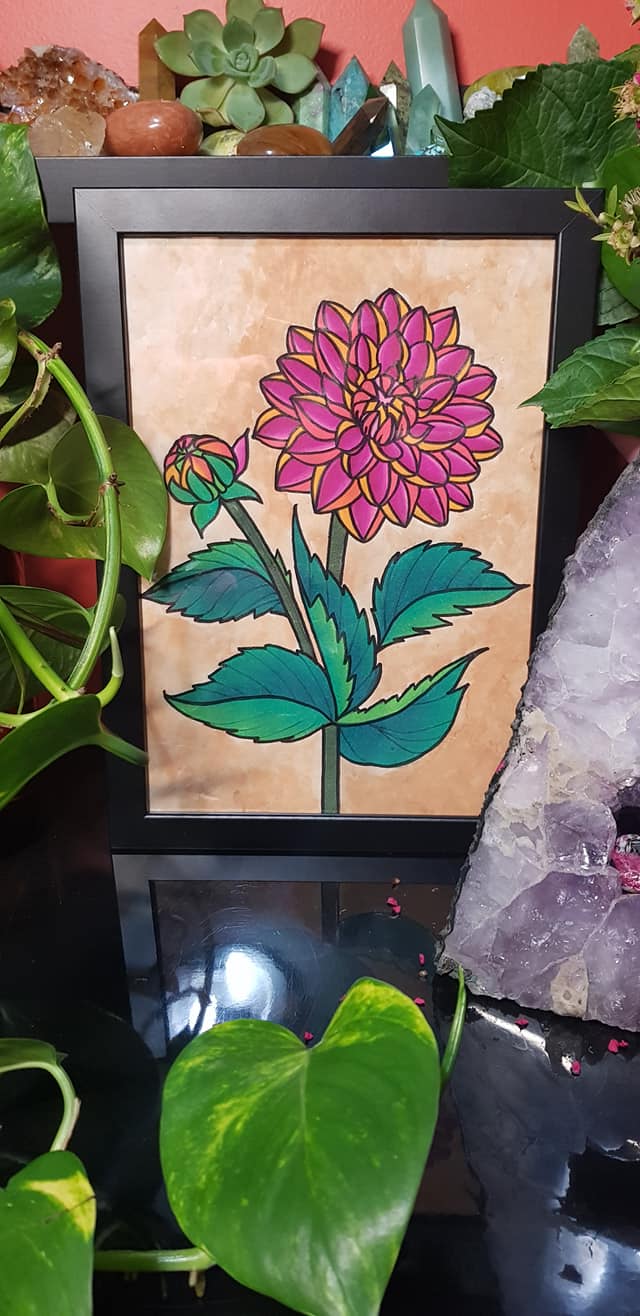 Red Dahlia flower Australian floral tattoo inspired artwork