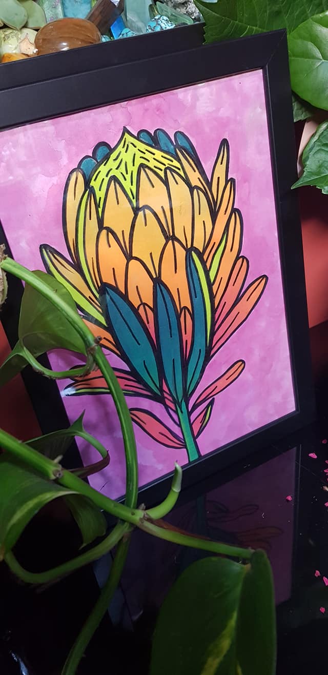 Yellow protea flower Australian floral tattoo inspired artwork