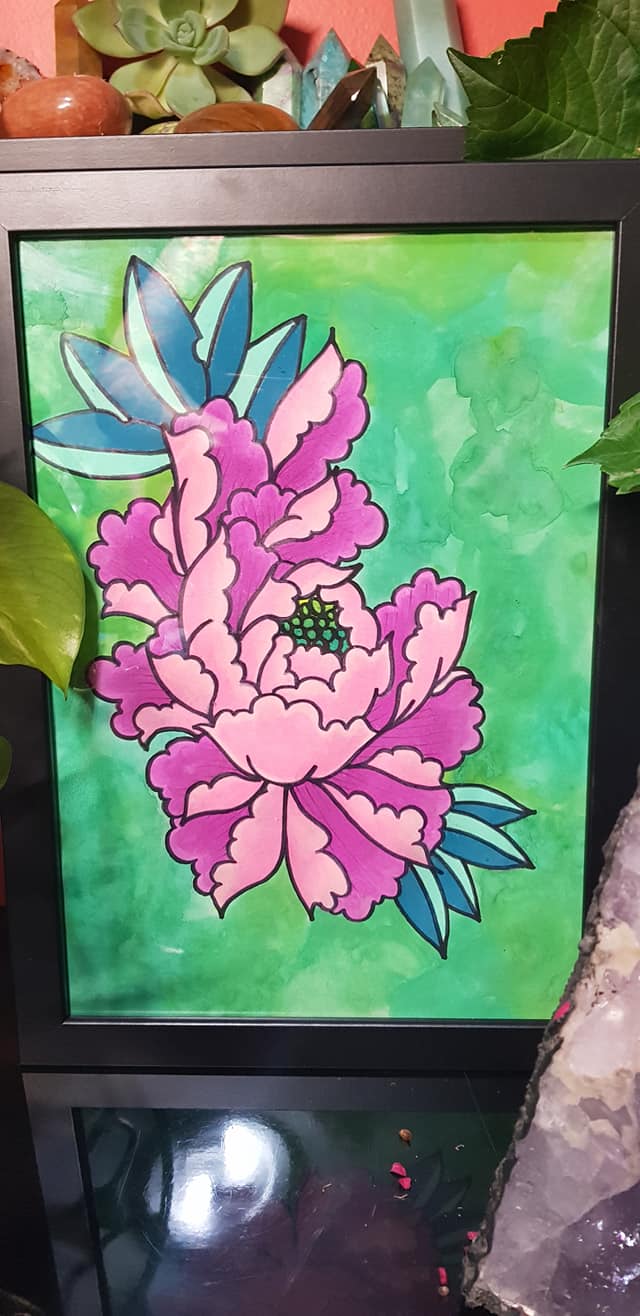 Lime & pink open peony flower Australian floral tattoo inspired artwork