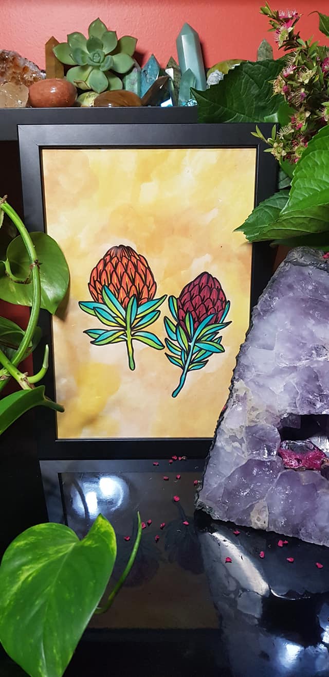 Mini orange & red protea flower Australian floral tattoo inspired artwork