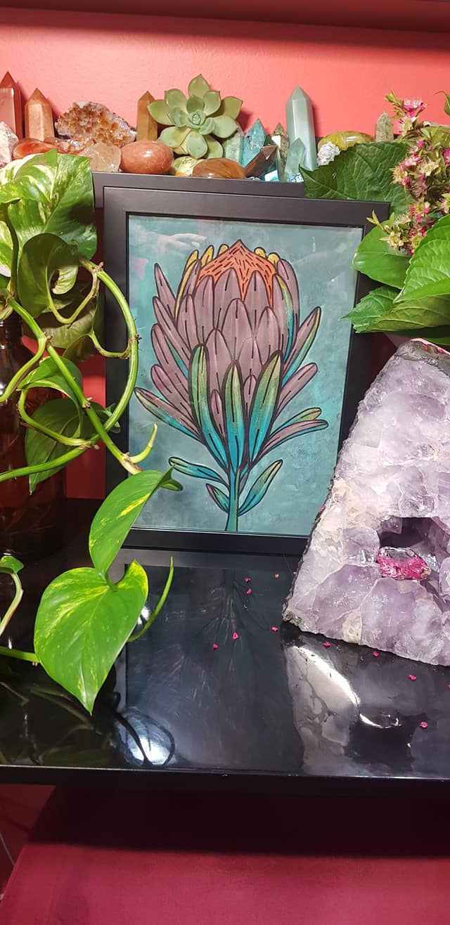 Earthy protea flower Australian floral tattoo inspired artwork