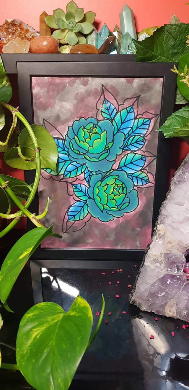 Green & turquoise peonies Australian floral tattoo inspired artwork
