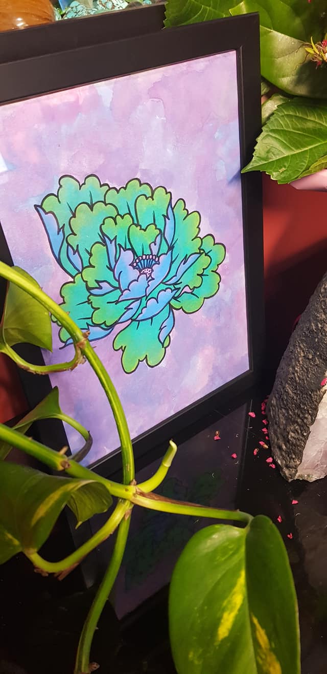 Lime & turquoise blooming crysanthemum Australian floral tattoo inspired artwork