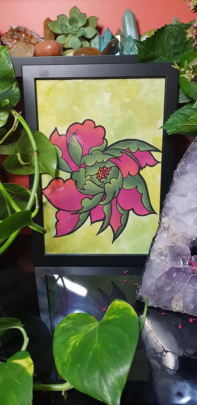 Olive & red peony flower Australian floral tattoo inspired artwork