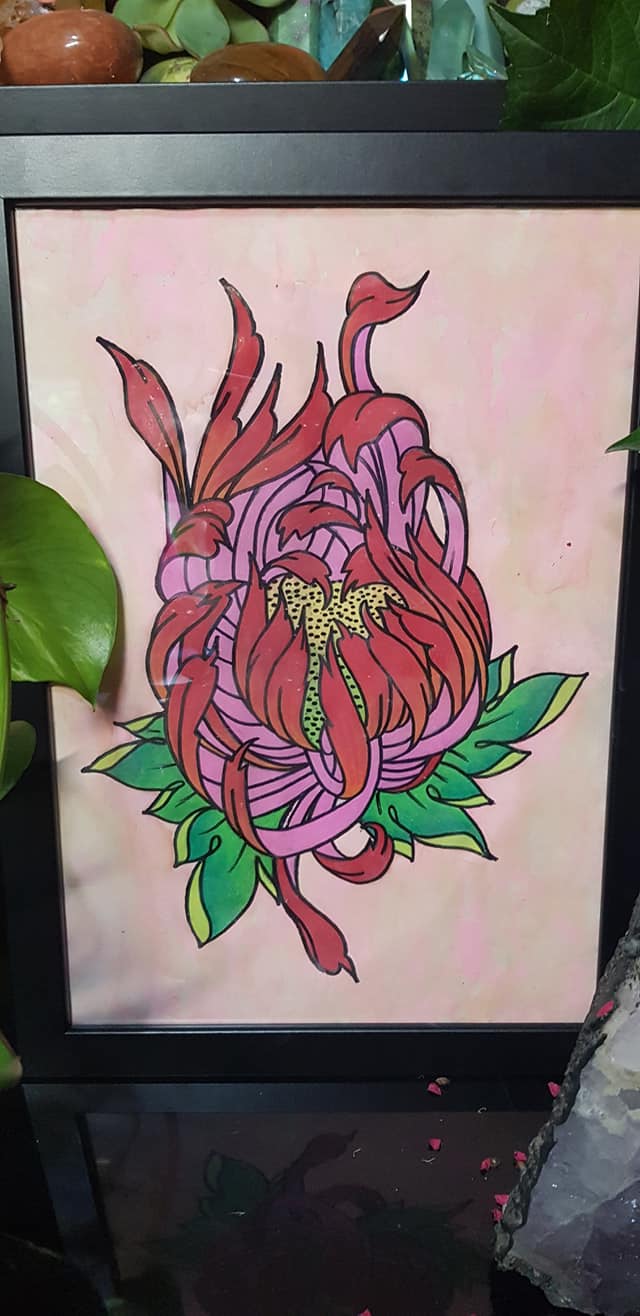 Red crysanthemum flower Australian floral tattoo inspired artwork