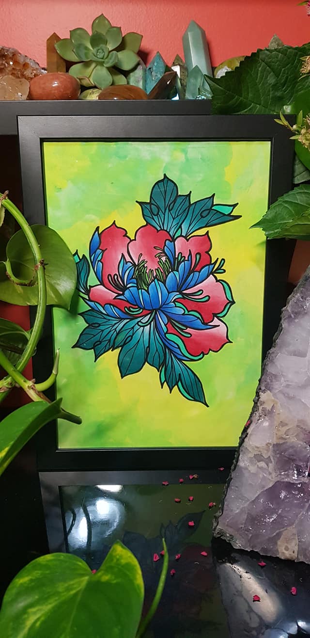 Turquoise & red open lotus flower Australian floral tattoo inspired artwork