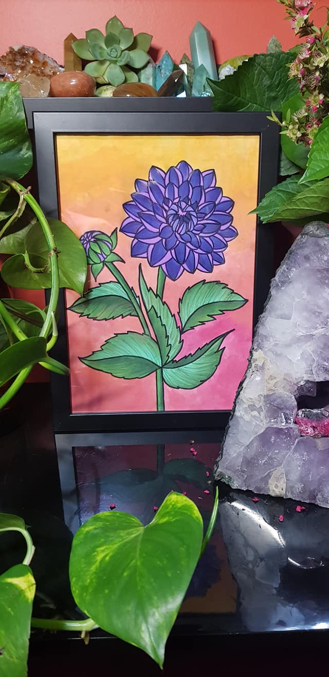 Sunset & purple dahlia flower Australian floral tattoo inspired artwork