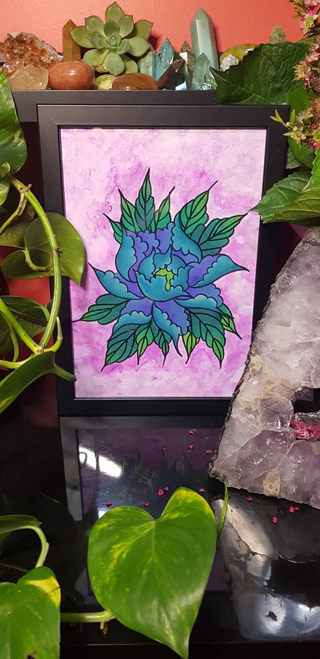 Turquoise & purple peony flower Australian floral tattoo inspired artwork