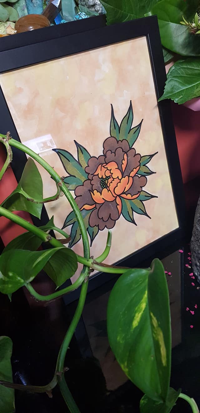 Earthy brown peony flower Australian floral tattoo inspired artwork