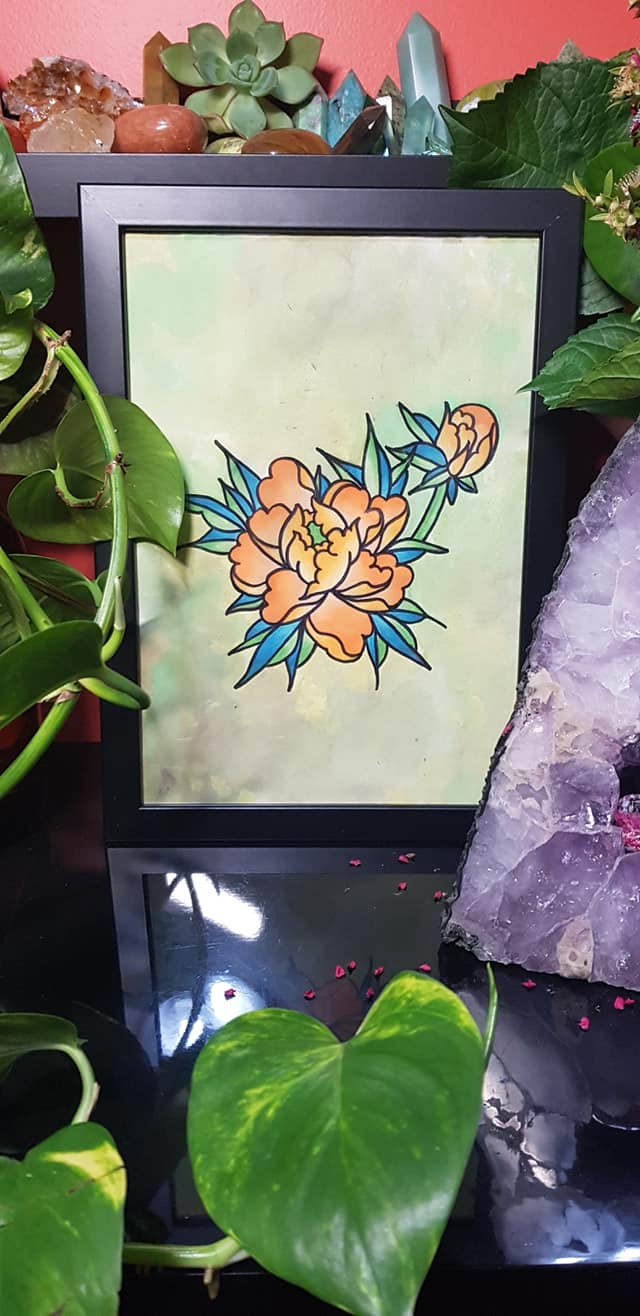 Orange peony flower Australian floral tattoo inspired artwork