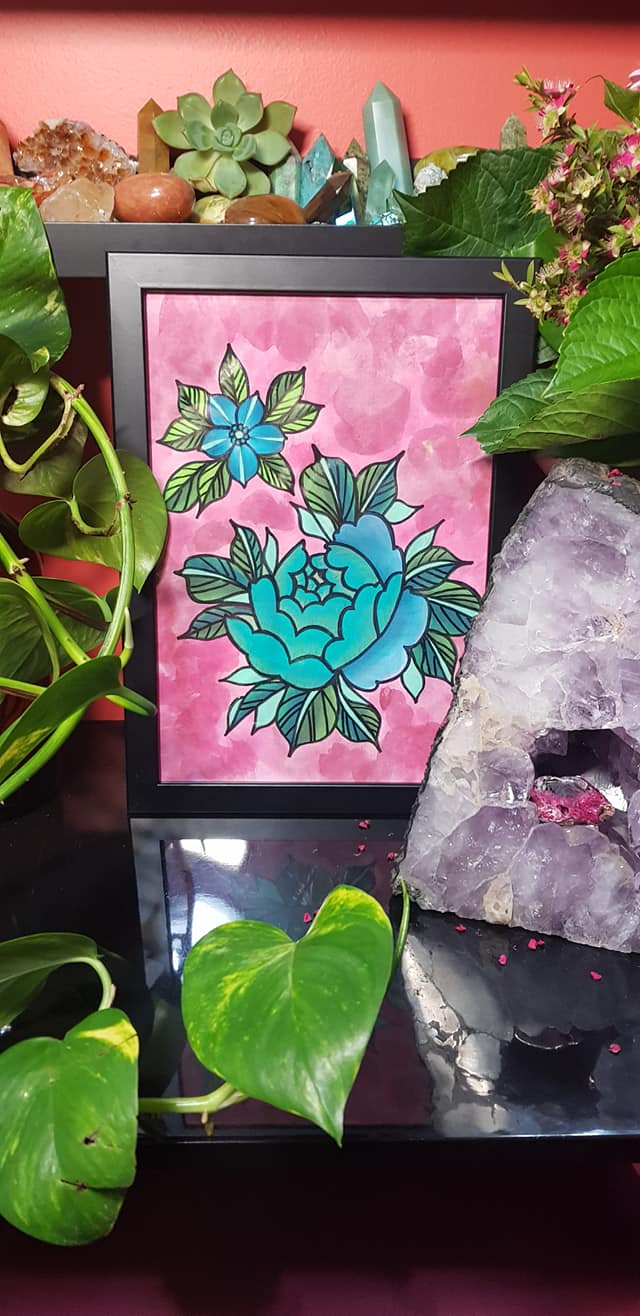 Turquoise & teal peony flower Australian floral tattoo inspired artwork