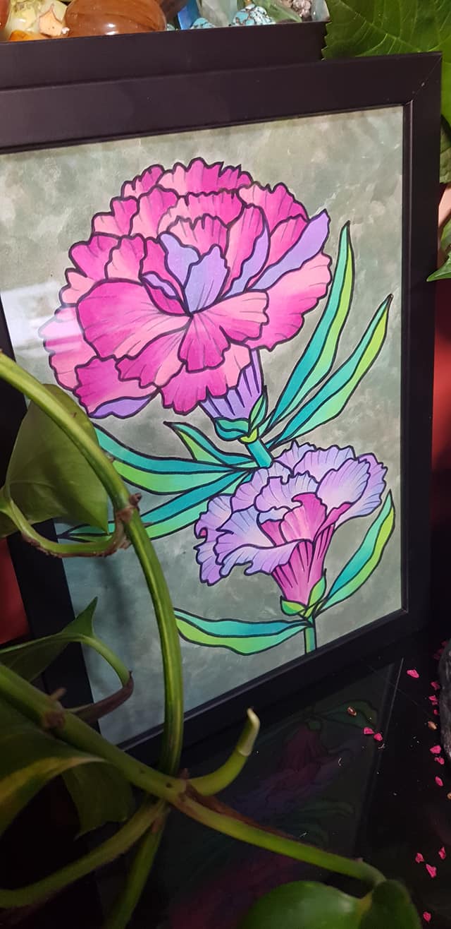Pink & purple carnation flower Australian floral tattoo inspired artwork