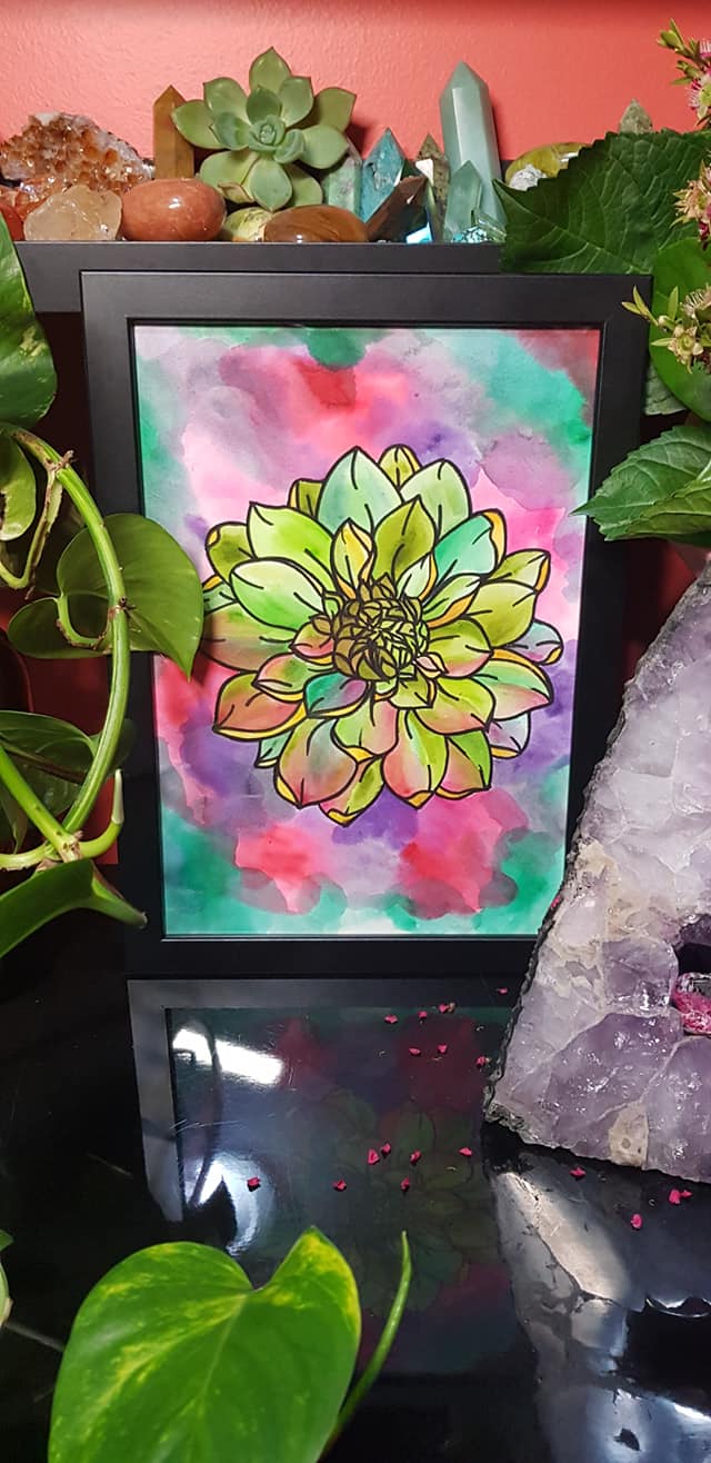 Green dahlia flower Australian floral tattoo inspired artwork