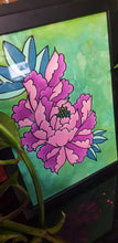 Load image into Gallery viewer, Lime &amp; pink open peony flower Australian floral tattoo inspired artwork
