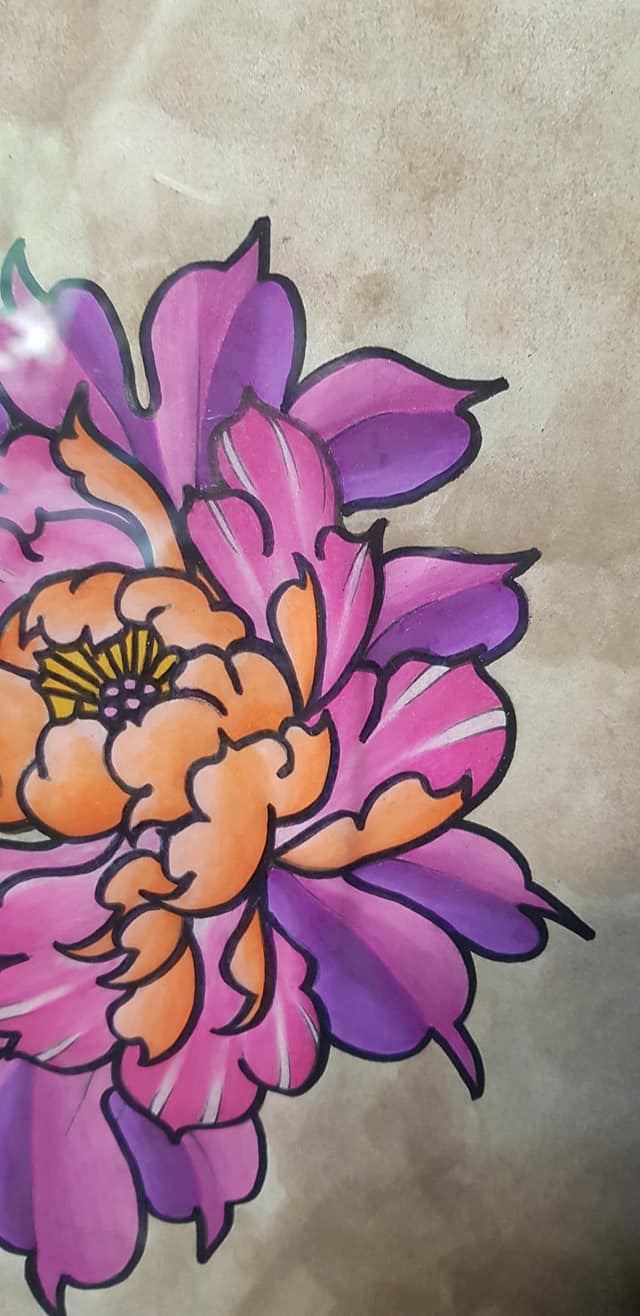 Pink & purple peony flower Australian floral tattoo inspired artwork
