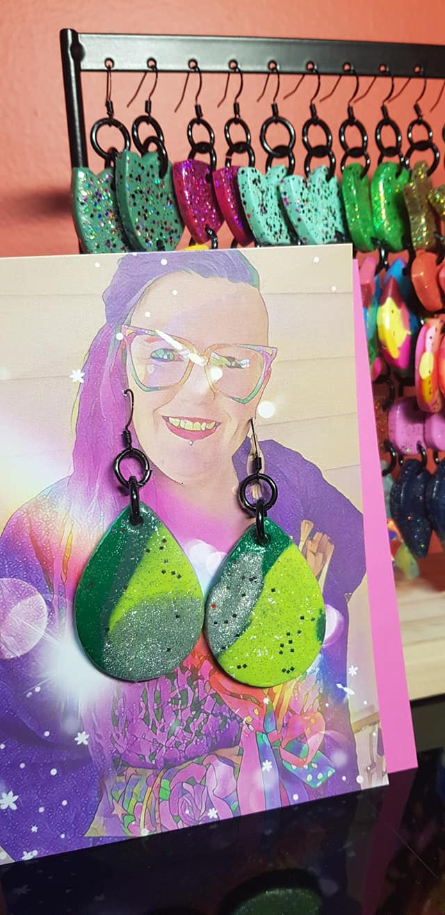 Ace Avocado glitter handmade earrings polymer clay