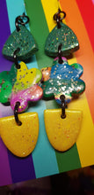 Load image into Gallery viewer, Flower power rainbow glitter polymer clay earrings
