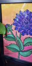 Load image into Gallery viewer, Sunset &amp; purple dahlia flower Australian floral tattoo inspired artwork
