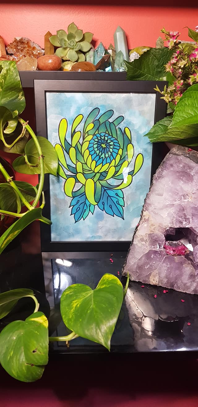 Green crysanthemum flower Australian floral tattoo inspired artwork