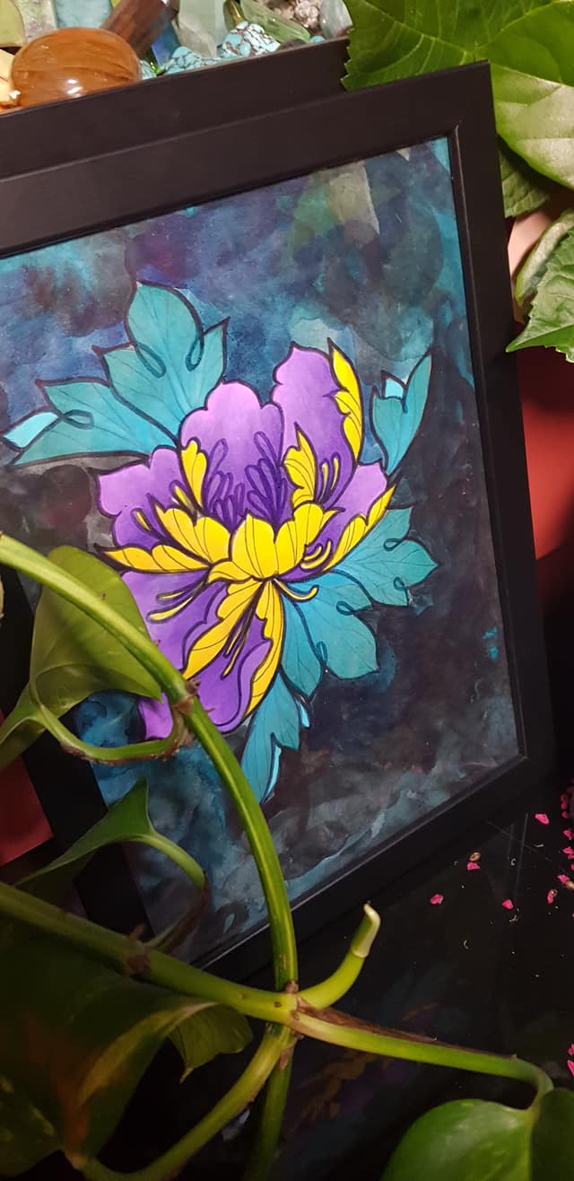 Purple & yellow chrysanthemum flower Australian floral tattoo inspired artwork