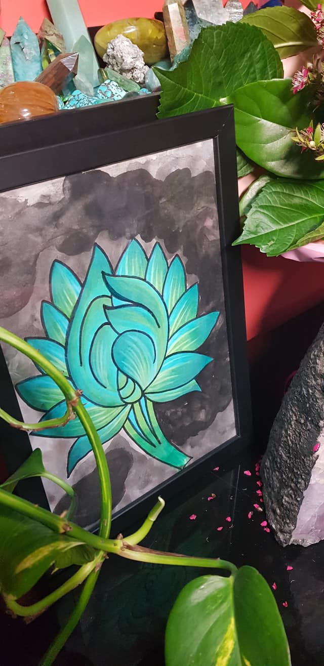 Green open lotus bud flower Australian floral tattoo inspired artwork